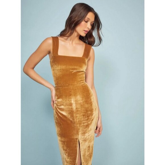 💕REFORMATION💕 Emira Velvet Dress ~ Gold 2 NWT - Picture 4 of 16